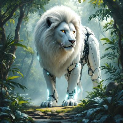 Primary subject: A white lion with blue eyes and a glowing mane.

Setting/background: A forest with trees and plants.

Visual style: Digital art.

Colors and mood: The lion has a blue mane, and the overall atmosphere is serene and majestic.